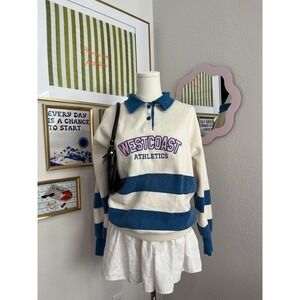 Forever 21 Westcoast Athletics Colorblock Polo Sweatshirt Cream Blue Small